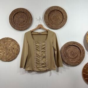 Vintage Y2K 2000s Apostrophe Beige Cinched Ruched Stretch Lace Long Sleeve Top